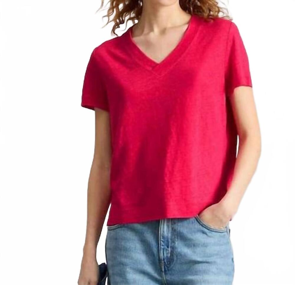 NEW WHITE STUFF susie v neck linen tee in dark pink